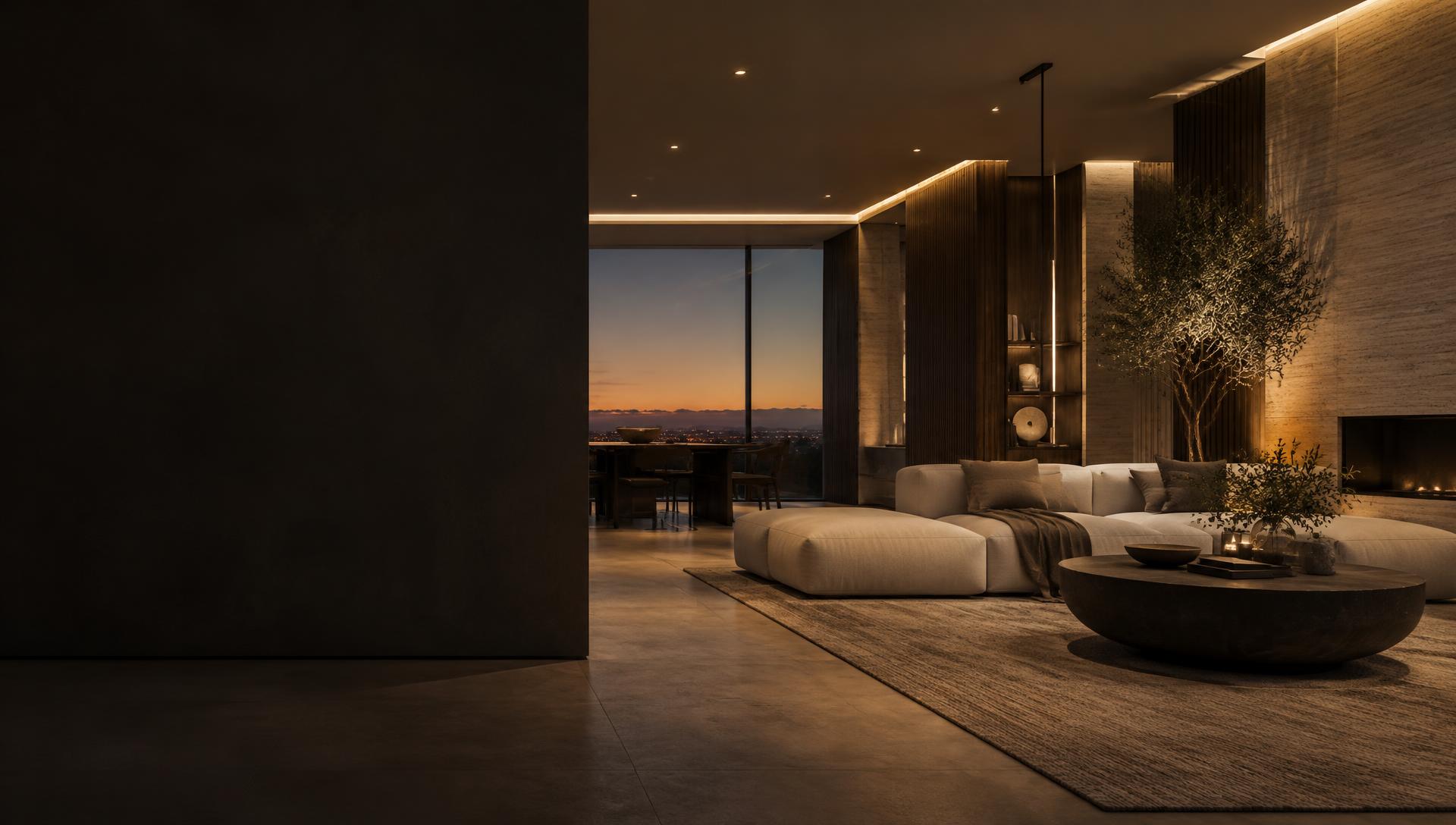 Modern living room with warm cove lighting, recessed spotlights and a sculptural sofa