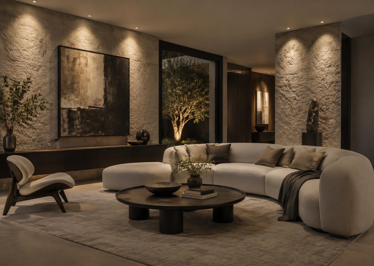 Textured living room walls illuminated by carefully placed architectural spotlights